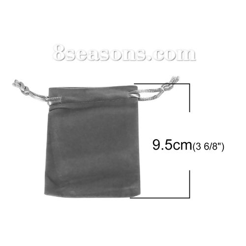 Picture of Velvet Jewelry Gift Bags Drawstring Rectangle Gray (Usable Space: Approx 9cmx6.8cm) 95mm(3 6/8") x 73mm(2 7/8"), 10 PCs