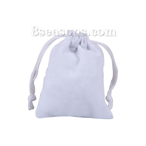 Picture of Velvet Jewelry Gift Bags Drawstring Rectangle White (Usable Space: Approx 8.5cmx6.7cm) 90mm(3 4/8") x 72mm(2 7/8"), 10 PCs