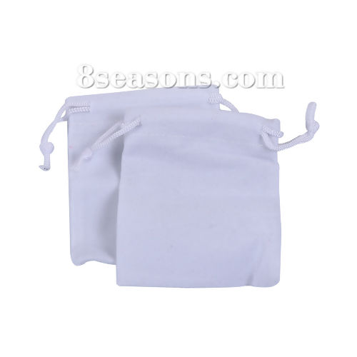 Picture of Velvet Jewelry Gift Bags Drawstring Rectangle White (Usable Space: Approx 8.5cmx6.7cm) 90mm(3 4/8") x 72mm(2 7/8"), 10 PCs