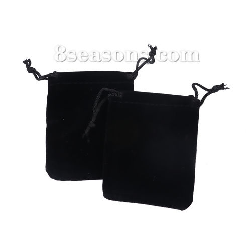 Picture of Velvet Jewelry Gift Bags Drawstring Rectangle Black (Usable Space: Approx 8.7cmx6.5cm) 92mm(3 5/8") x 70mm(2 6/8"), 10 PCs