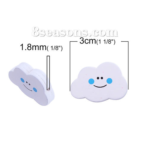 Picture of Wood Spacer Beads Cloud White & Blue Smile 30mm x 20mm, Hole: Approx 1.8mm, 50 PCs