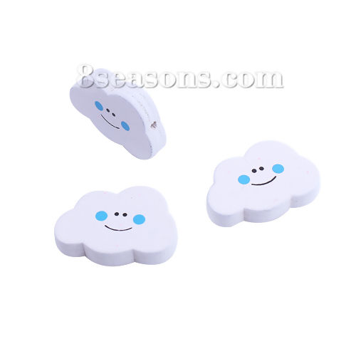 Picture of Wood Spacer Beads Cloud White & Blue Smile 30mm x 20mm, Hole: Approx 1.8mm, 50 PCs