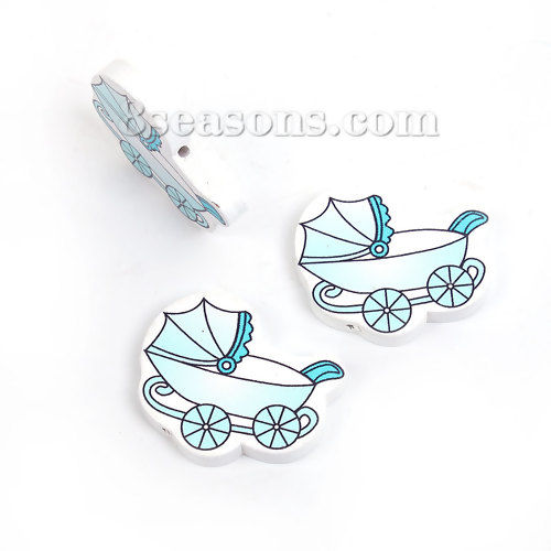 Picture of Wood Spacer Beads Baby Carriage Blue 33mm x 29mm, Hole: Approx 1.8mm, 30 PCs