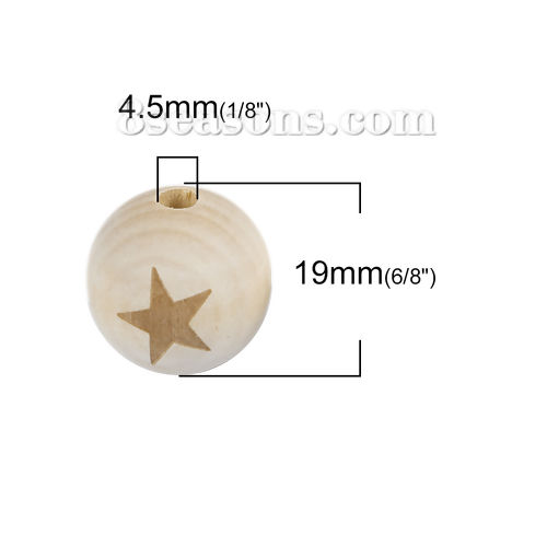 Picture of Wood Spacer Beads Round Natural Pentagram Star About 19mm Dia, 1 Packet (Approx 20 PCs/Packet)