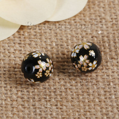 Picture of Glass Japan Painting Vintage Japanese Tensha Beads Round Sakura Flower Black & Pink Imitation Pearl About 12mm Dia, Hole: Approx 1.2mm, 5 PCs