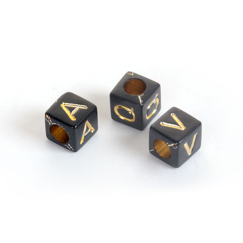 Picture of Acrylic Beads Square Black & Gold At Random Mixed Initial Alphabet/ Letter Pattern About 6mm x 6mm, Hole: Approx 3.4mm, 500 PCs