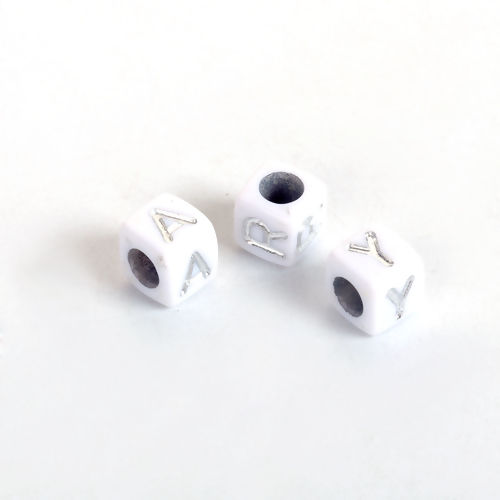 Picture of Acrylic Beads Square White & Silver At Random Mixed Initial Alphabet/ Letter Pattern About 6mm x 6mm, Hole: Approx 3.4mm, 500 PCs