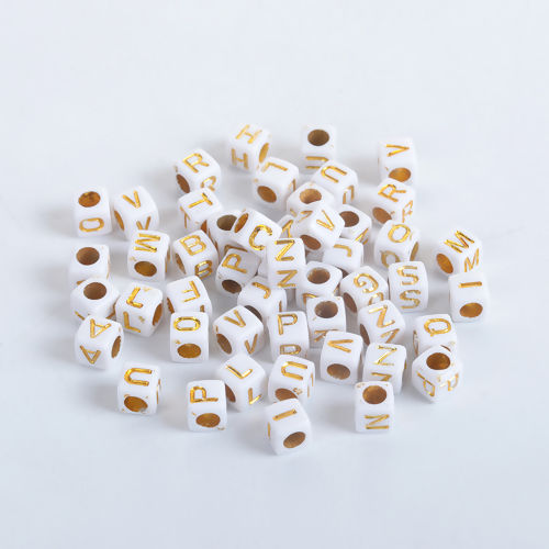 Picture of Acrylic Beads Square White & Gold At Random Mixed Initial Alphabet/ Letter Pattern About 6mm x 6mm, Hole: Approx 3.4mm, 500 PCs