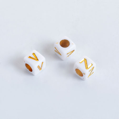Picture of Acrylic Beads Square White & Gold At Random Mixed Initial Alphabet/ Letter Pattern About 6mm x 6mm, Hole: Approx 3.4mm, 500 PCs