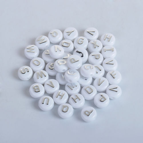 Picture of Acrylic Beads Round White & Silver At Random Mixed Initial Alphabet/ Letter Pattern About 10mm Dia, Hole: Approx 2.1mm, 200 PCs