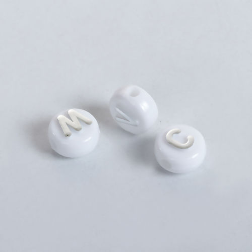 Picture of Acrylic Beads Round White & Silver At Random Mixed Initial Alphabet/ Letter Pattern About 10mm Dia, Hole: Approx 2.1mm, 200 PCs