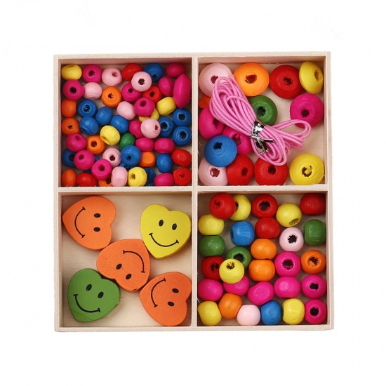 Immagine di Legno Separatori Perline Tondo Multicolore Cuore Disegno Circa: 6mm Dia, 18mm x 17mm, Foro: Circa 2.7mm - 1.8mm, 1 Scatola