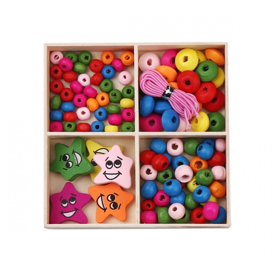 Picture of Wood Spacer Beads Round Multicolor Star About 6mm Dia, 21mm x 21mm, Hole: Approx 2.7mm - 1.8mm, 1 Box