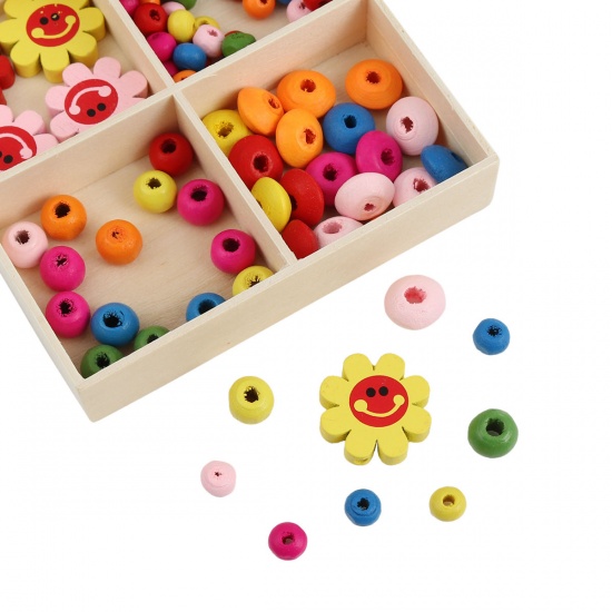 Picture of Wood Spacer Beads Round Multicolor Flower About 6mm Dia, 21mm x 21mm, Hole: Approx 2.7mm - 1.8mm, 1 Box