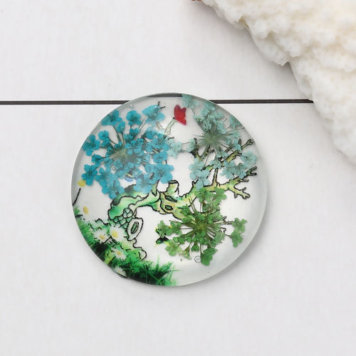 Picture of Glass & Dried Flower Dome Seals Cabochon Round Flatback Multicolor Tree Pattern Transparent 30mm(1 1/8") Dia, 3 PCs