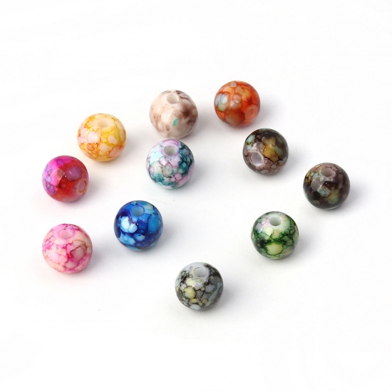 Picture of Acrylic Beads Round At Random Mixed Ink Spot Pattern About 8mm Dia, Hole: Approx 1.6mm, 300 PCs