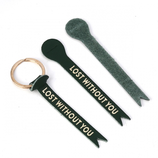 Picture of Real Leather Keychain & Keyring Findings Dark Green Message " LOST WITHOUT YOU " 10.5cm(4 1/8") x 2cm( 6/8"), 1 Piece