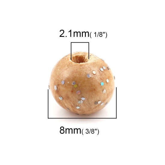 Изображение Деревянные Бусины Круглые, Естественный цвет С Блестками 8мм диаметр, 2.1мм, 100 ШТ
