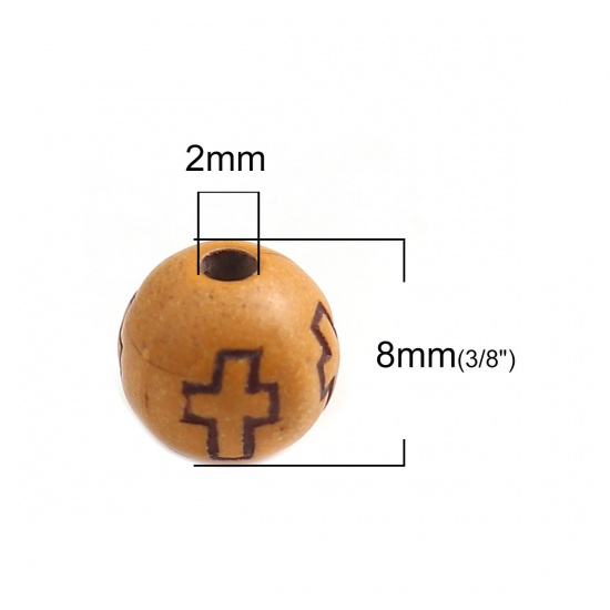 Picture of Acrylic Beads Round Light Brown Cross Pattern Imitation Wood About 8mm Dia, Hole: Approx 2mm, 500 PCs