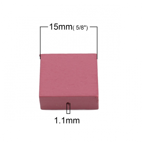 ウッド ビーズ 正方形 暗いピンク 約 15mm x 15mm - 15mm x 14mm、 穴：約 1.1mm、 30 個 の画像