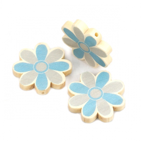 Picture of Wood Spacer Beads Flower Blue About 29mm x 29mm, Hole: Approx 2.2mm, 10 PCs
