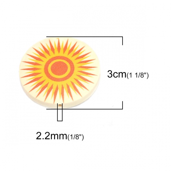ウッド ビーズ フラットラウンド 黄色 太陽柄 約 30mm直径、 穴：約 2.2mm、 10 個 の画像