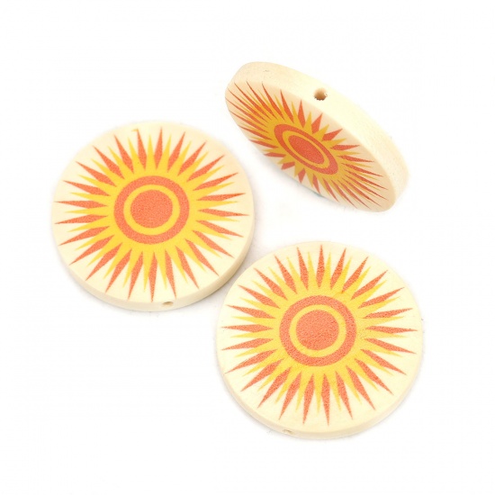 Immagine di Legno Separatori Perline Tondo Piatto Giallo Sole Disegno Circa: 30mm Dia, Foro: Circa 2.2mm, 10 Pz