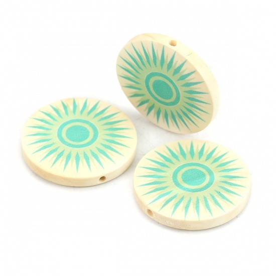 Picture of Wood Spacer Beads Flat Round Green Sun About 30mm Dia., Hole: Approx 2.2mm, 10 PCs