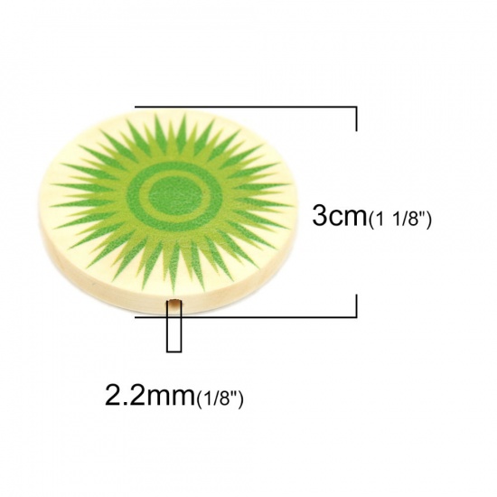ウッド ビーズ フラットラウンド 緑 太陽柄 約 30mm直径、 穴：約 2.2mm、 10 個 の画像