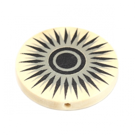 Picture of Wood Spacer Beads Flat Round Black Sun About 30mm Dia., Hole: Approx 2.2mm, 10 PCs