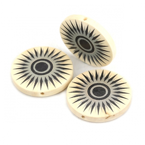 Picture of Wood Spacer Beads Flat Round Black Sun About 30mm Dia., Hole: Approx 2.2mm, 10 PCs