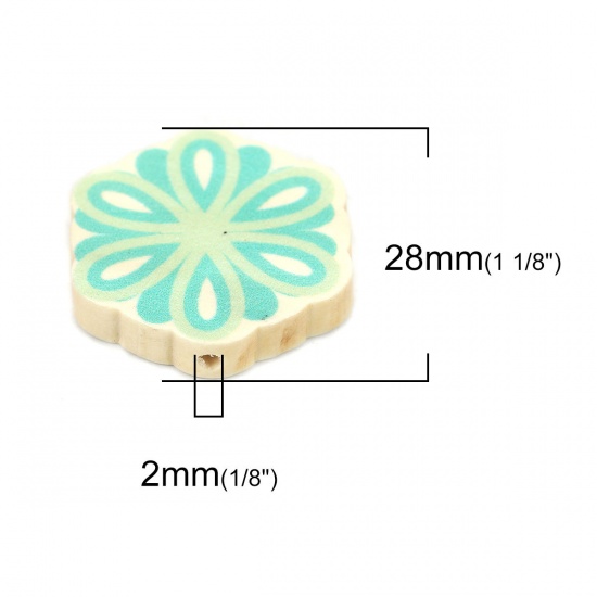 Picture of Wood Spacer Beads Flower Green Blue About 28mm x 26mm, Hole: Approx 2mm, 10 PCs