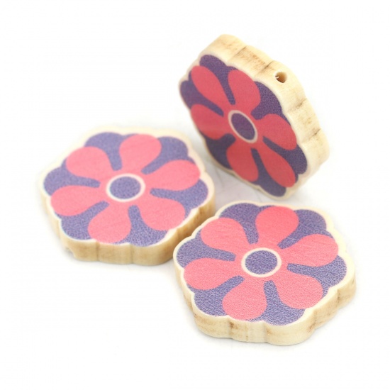 Picture of Wood Spacer Beads Flower Purple About 28mm x 26mm, Hole: Approx 2mm, 10 PCs