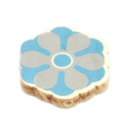 Bild von Holz Perlen Blumen Blau ca. 28mm x 26mm, Loch: ca. 2mm, 10 Stück