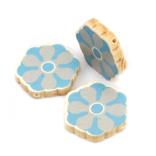 Picture of Wood Spacer Beads Flower Blue About 28mm x 26mm, Hole: Approx 2mm, 10 PCs