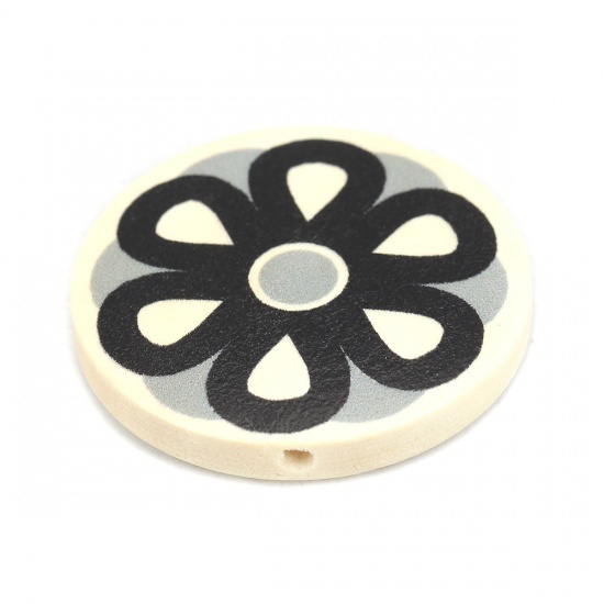 Picture of Wood Spacer Beads Flat Round Black Flower About 30mm Dia., Hole: Approx 2.2mm, 10 PCs