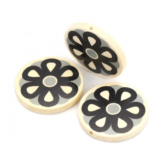 Picture of Wood Spacer Beads Flat Round Black Flower About 30mm Dia., Hole: Approx 2.2mm, 10 PCs