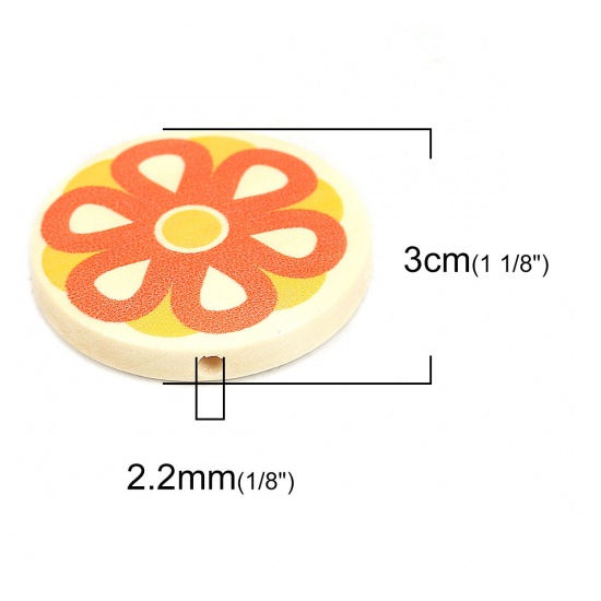 ウッド ビーズ フラットラウンド オレンジ色 花柄 約 30mm直径、 穴：約 2.2mm、 10 個 の画像