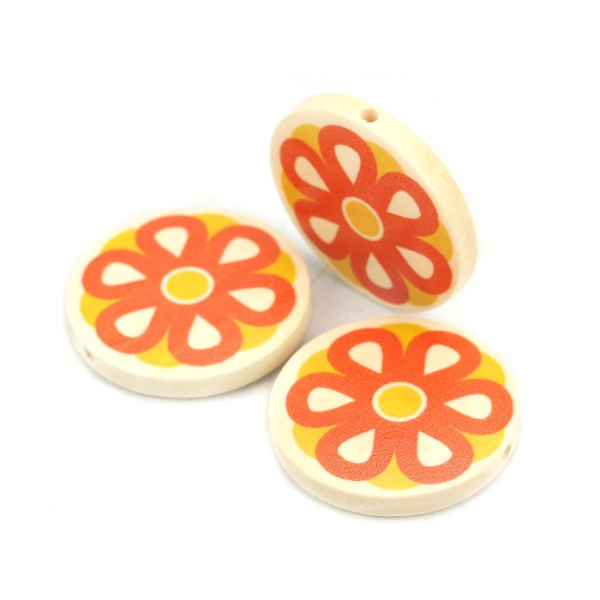 Picture of Wood Spacer Beads Flat Round Orange Flower About 30mm Dia., Hole: Approx 2.2mm, 10 PCs