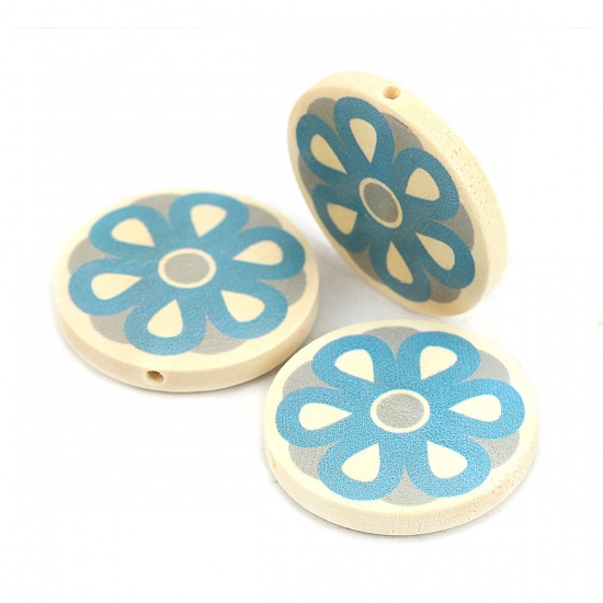 Picture of Wood Spacer Beads Flat Round Blue Flower About 30mm Dia., Hole: Approx 2.2mm, 10 PCs