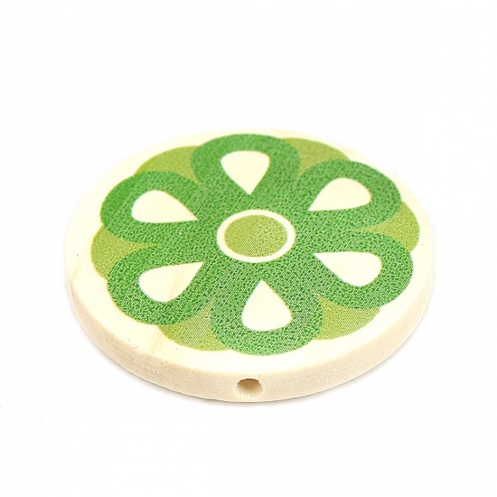 Picture of Wood Spacer Beads Flat Round Green Flower About 30mm Dia., Hole: Approx 2.2mm, 10 PCs