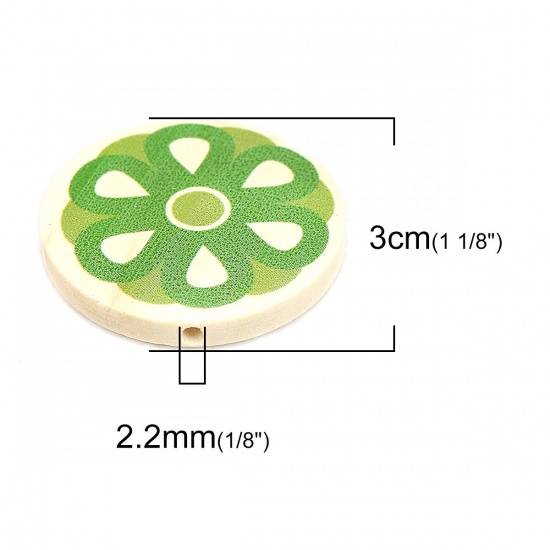 ウッド ビーズ フラットラウンド 緑 花柄 約 30mm直径、 穴：約 2.2mm、 10 個 の画像