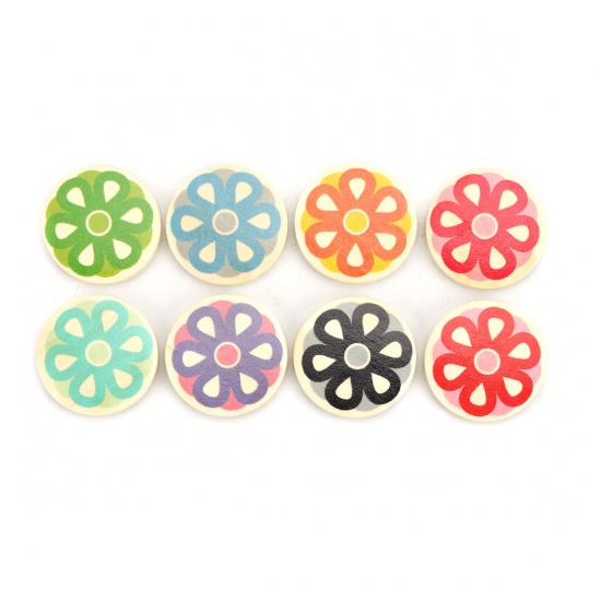 Picture of Wood Spacer Beads Flat Round Green Flower About 30mm Dia., Hole: Approx 2.2mm, 10 PCs
