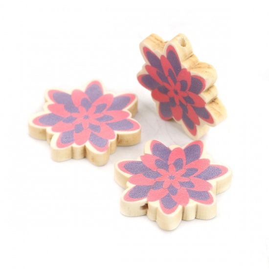 Picture of Wood Spacer Beads Flower Purple About 30mm x 29mm, Hole: Approx 1.9mm, 10 PCs