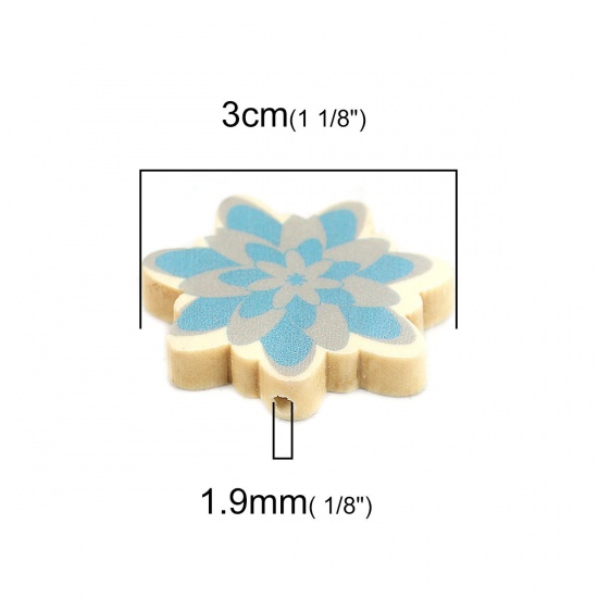 Picture of Wood Spacer Beads Flower Blue About 30mm x 29mm, Hole: Approx 1.9mm, 10 PCs