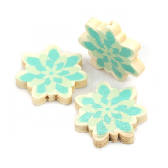 Picture of Wood Spacer Beads Flower Blue About 30mm x 29mm, Hole: Approx 1.9mm, 10 PCs
