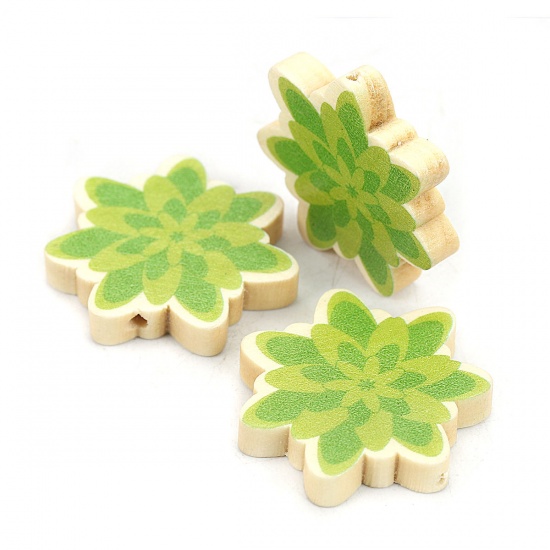 Picture of Wood Spacer Beads Flower Green About 30mm x 29mm, Hole: Approx 1.9mm, 10 PCs