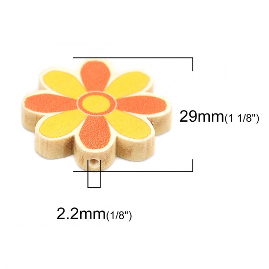 ウッド ビーズ フラワー オレンジ色 約 29mm x 29mm、 穴：約 2.2mm、 10 個 の画像