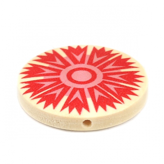 Picture of Wood Spacer Beads Flat Round Red Flower About 30mm Dia., Hole: Approx 2.3mm, 10 PCs