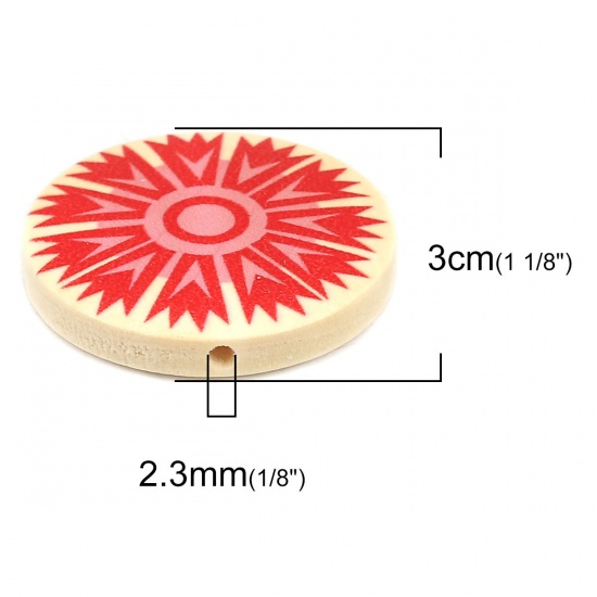 Picture of Wood Spacer Beads Flat Round Red Flower About 30mm Dia., Hole: Approx 2.3mm, 10 PCs